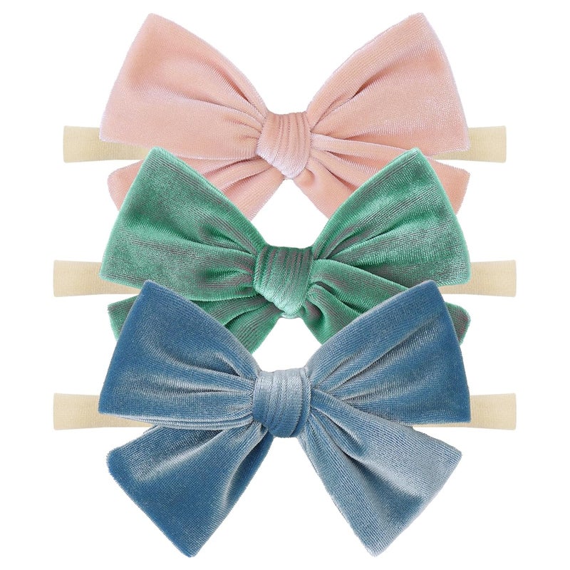 ONENINEDREAM 4'' Baby Velvet Gloss Bows Handmade Headbands Tied Bow Elastic Nylon Hair Accessories for Baby Girls Newborn Infant 3 Pcs Light Blue Aqua Pink - Image 1